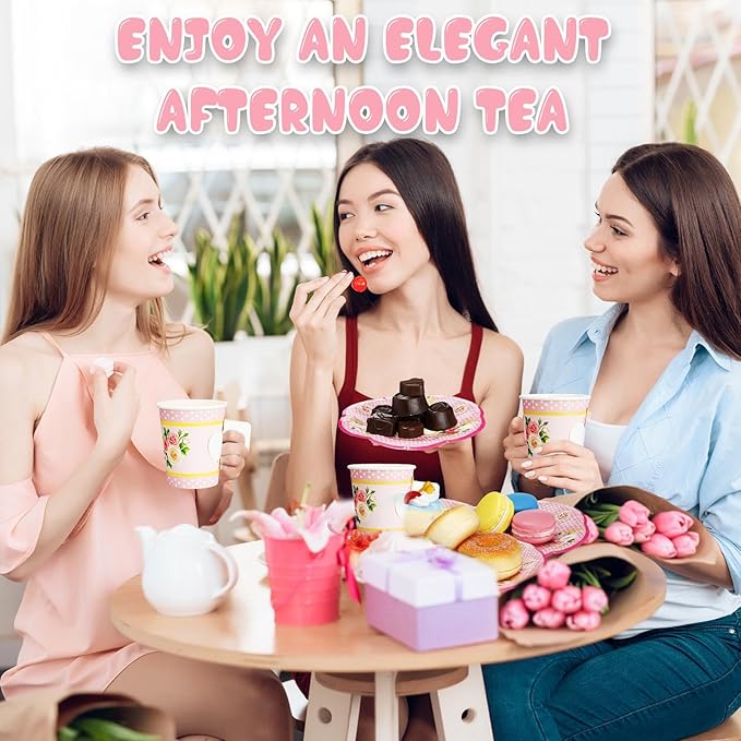 100 Pcs Tea Party Decorations Includes 50 7 oz Paper Tea Cups with Handle 50 Vintage Floral Plates Disposable Tea Cups and Saucers for Wedding Spring Party Birthday Hot Cold Drinks(Pink)