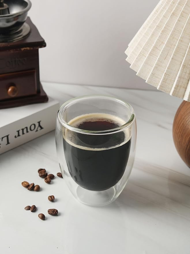 NIRA.Z 4 Pack 11.6oz/343ml Double Wall Glass Coffee Mugs, No Hole Bottom, Insulated Borosilicate Glass Coffee Cups, Clear Mugs for Hot & Cold Beverages, Perfect for Espresso, Latte, Tea, Cappuccino