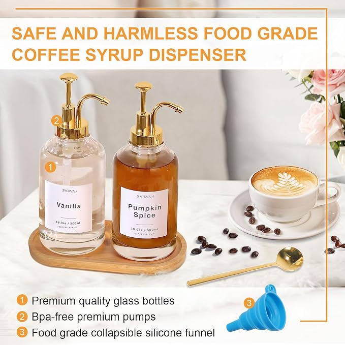 Coffee Syrup Dispenser for Coffee Bar, 16.9oz 500ml Glass Syrup Dispenser w Golden Coffee Scoop, Coffee Syrup Pump Dispenser w 36 Labels and Bamboo Tray, Coffee Syrup Bottles with Golden Pump, 2PCS - Image 5