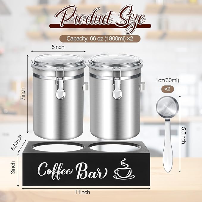 Maxcheck 2 Pcs 66 oz Coffee Sugar Canisters with Shelf & Scoop, Easter Gifts Airtight Stainless Steel Container with Lids, Home Kitchen Food Storage Jars for Grounds, Beans, Tea, Cereal(Silver)