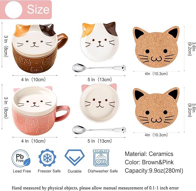 2PCS Cute Mug Kawaii Cat Tea Cup Ceramic Coffee Mug with Lid,Tea Cups and Saucers for Dessert tea mug cute gifts Cat lover Gifts For Women Anime gift for Women Christmas Gifts 10oz (Pink+Brown)