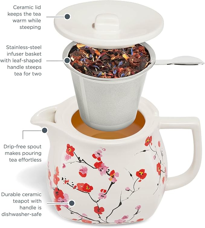 Tea Forte Fiore Sakura Cherry Blossom Ceramic Teapot with Removable Stainless Steel Infuser Basket and Lid, Steeps 24 oz. Loose Leaf Tea, Lid and Teapot Dishwasher & Microwave Safe