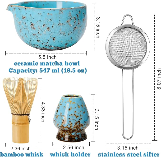 MONOJOY Matcha Whisk Set - Microwave Safe Ceramic Bowl with Spout, BPA-Free Japanese Matcha Kit with Holder & Stainless Steel Sifter, 4 PCS Gift Set