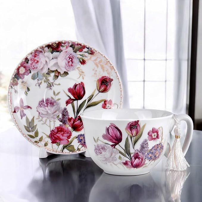 STP GOODS Bone China Tea/Coffee Cup and Saucer in Gift Box Fine Bone China Coffee Cup with Saucer Tea Cup and Saucer Set of One (Flowers 300ml)