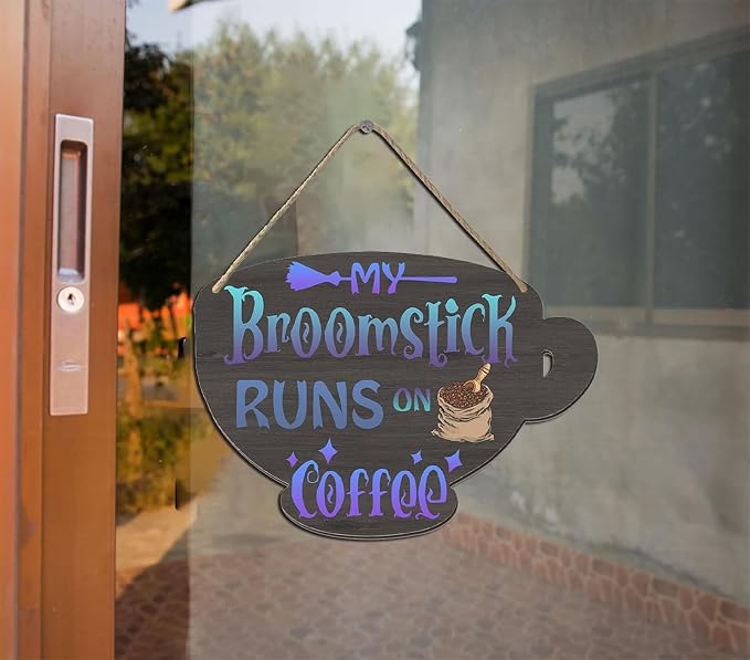 Halloween Witches Coffee Wood Sign My Broomstick Runs on Coffee Wood Plaque Rustic Hanging Sign for Home Coffee Bar Coffee Station Coffee Bar Table Coffee Bar Tiered Tray Wood Signs 4.8x6.78 Inch - Image 6
