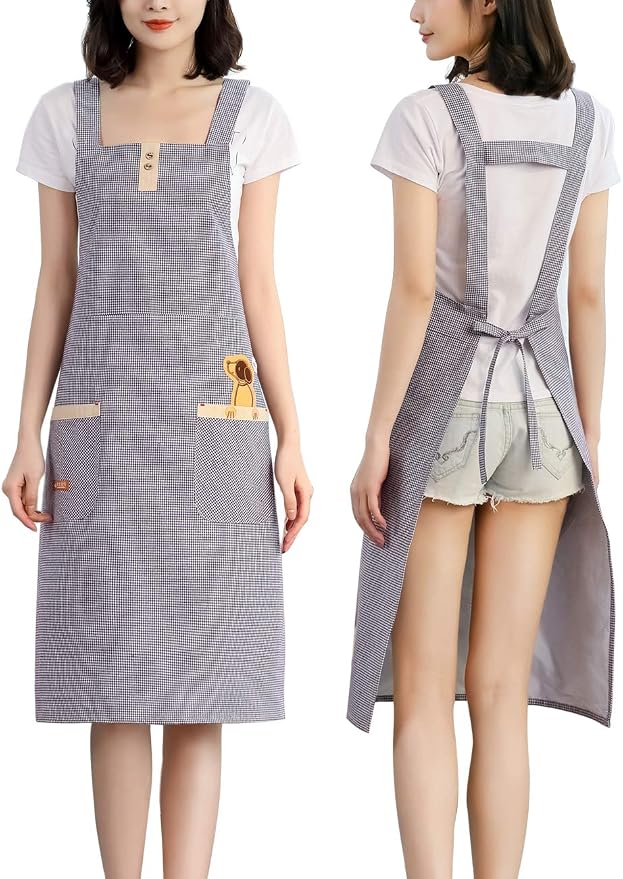 NEWGEM 100% Cotton Cute Gingham Apron with Pockets - Korean Style H-Back Pinafore for Florist, Housekeeping, Art Teacher (Purple Doggy) by NEWGEM