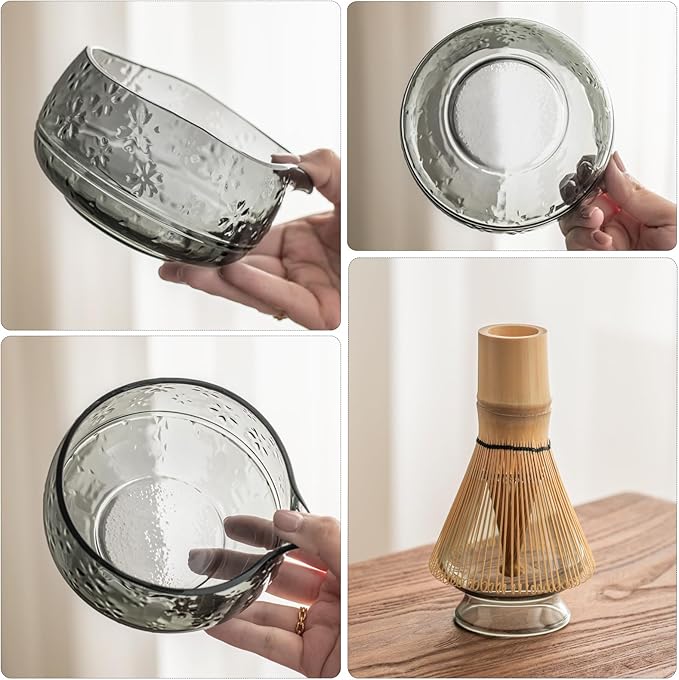 Matcha Whisk Set, Glass Matcha Kit Set Includes Matcha Bowl, Matcha Whisk and Holder, Bamboo Scoop, Scoop Rest, Sifter and Tea Towel - 7 Pcs Matcha Kit for Matcha Lovers (Black Gray)