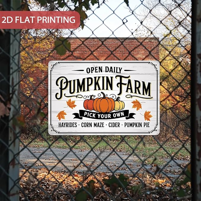 Farmhouse ''Pumpkin Farm Pick Your Own'' Tin Sign, Autumn Pumpkins Metal Sign - 8x12 Inch, Fall Wall Art Sign For KItchen, Cafe, Bar Decor, Thanksgiving Day/Autumn Decor - Image 4