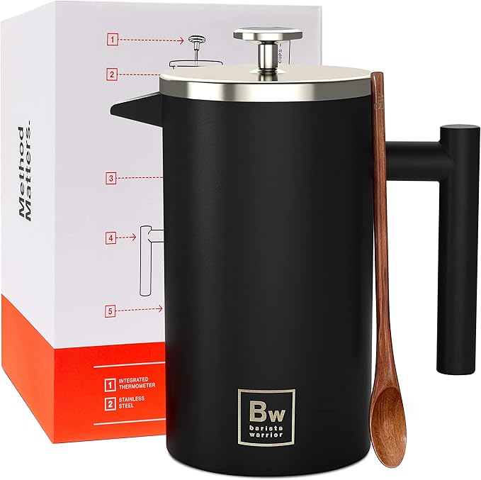 Barista Warrior French Press Coffee Maker Stainless Steel with Built-In Thermometer - Insulated Double Wall Design, Dual Filter System, Stay-Cool Handle & Wood Spoon - Black