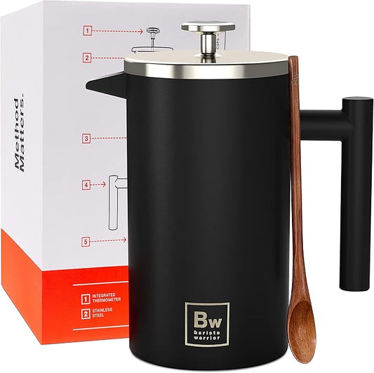 Barista Warrior French Press Coffee Maker Stainless Steel with Built-In Thermometer - Insulated Double Wall Design, Dual Filter System, Stay-Cool Handle & Wood Spoon - Black