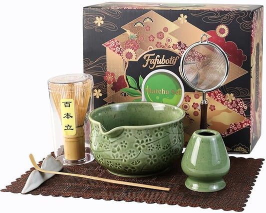 7 Pcs Matcha Whisk Set, Ceremony Matcha Kit with Matcha Bowl, Bamboo Whisk and Holder, Scoop and Scoop Rest, Sifter and Tea Towel, Gift for Matcha Lovers (Mottled Green/Cherry Blossom-Patterned 2)