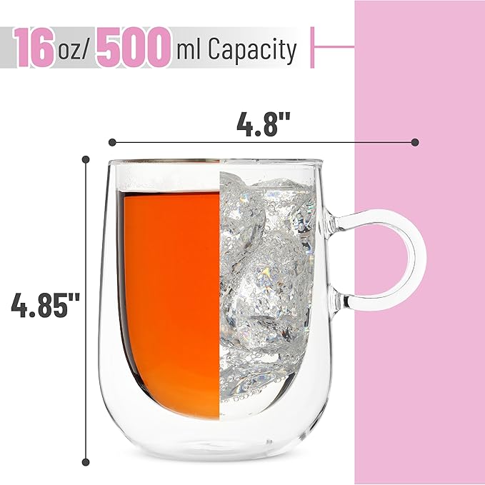 BTaT- Double Walled Glass Coffee Mugs, 16 oz, Set of 4, Glass Coffee Cups with Handle, Insulated Clear Coffee Mug for Hot and Cold Beverages, Cappuccino, Latte, Tea, Americano, Microwave Safe