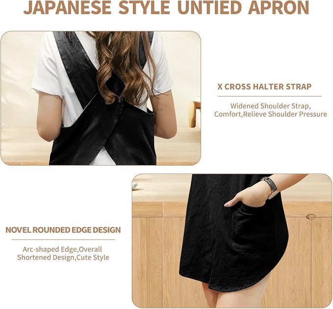 Shortened Design Apron, Japanese Style Soft Cotton Linen Apron with Two Side Pockets, X Cross Halter Aprons, Kitchen Cooking Clothes Present for Women DIY Project, Crafting, Cooking, Baking(Black) - Image 4