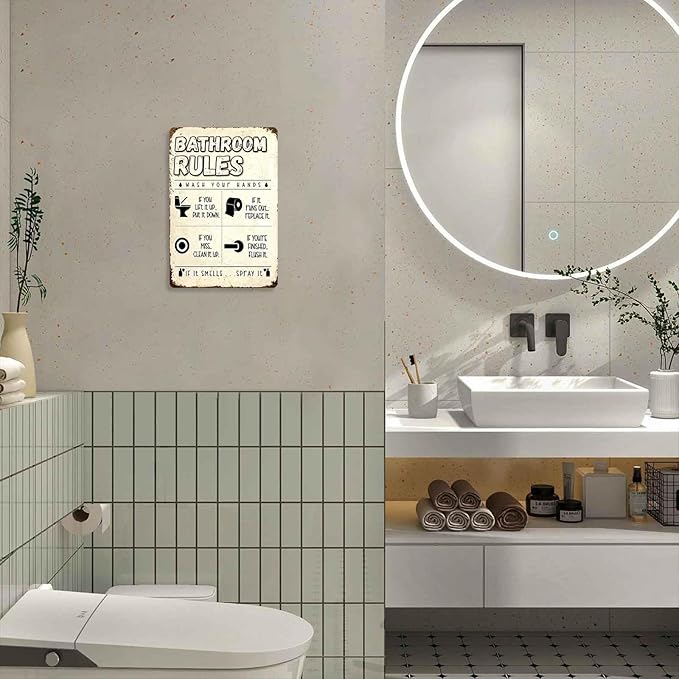 Funny 'Bathroom Rules' Metal Tin Sign – Vintage Wall Art for Bathroom Decor, 8x12 Inch