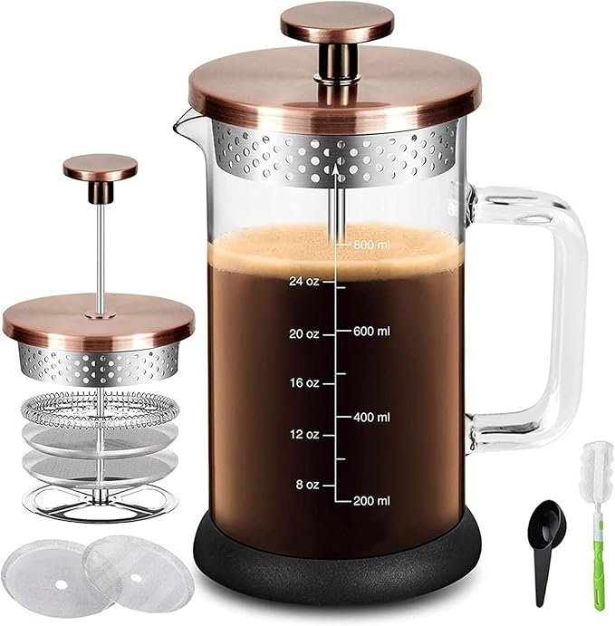 French Press Coffee Maker 34 Ounce Espresso Tea Coffee Maker with 4 Filters System, Stainless Steel Plunger and Heat Resistant Borosilicate Glass BPA-Free Brewed Tea Pot Coffee Plunger