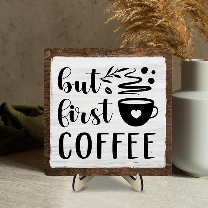 Vintage Coffee Bar Wooden Plaque Desk Sign, Farmhouse Wood Plaque Tabletop Decor for Cafe Bar Kitchen Office,Coffee Station Accessories 5.9x5.9Inch (White&Brown4, 5.9x5.9inches)