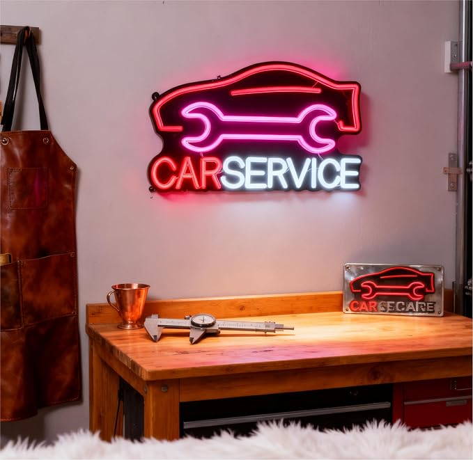 Car Service Neon Sign, Car Silhouette and Wrench Shapes Decorative Neon Light for Auto Shop Garage Workshop Man Cave Wall Table Automotive Themed Decor, USB Powered LED Light, 16.1 x 9.1 In - Image 5