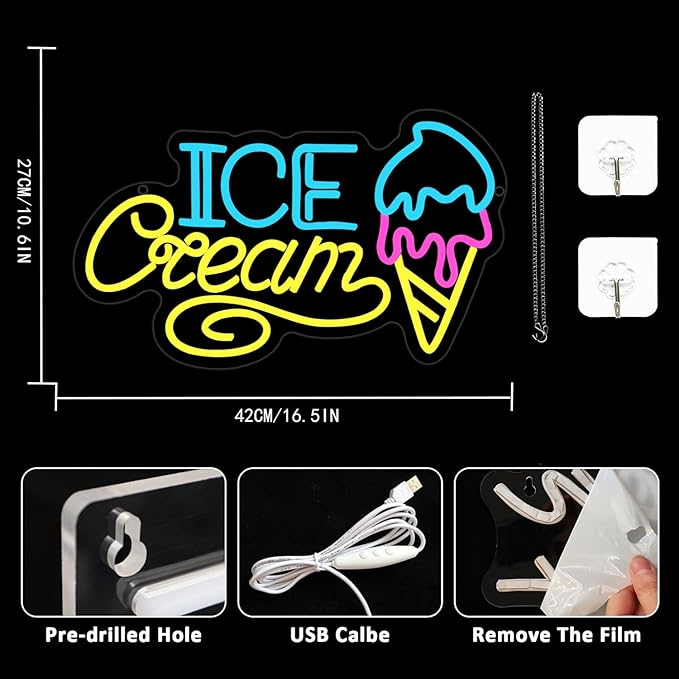 Ice Cream Neon Sign for Wall Decor, Ice Cream Shaped LED Signs Colorful Neon Light Up Sign USB Dimmable Letter Neon Wall Sign for Bedroom Restaurant Cafe Drink Bar Business Ice Cream Shop