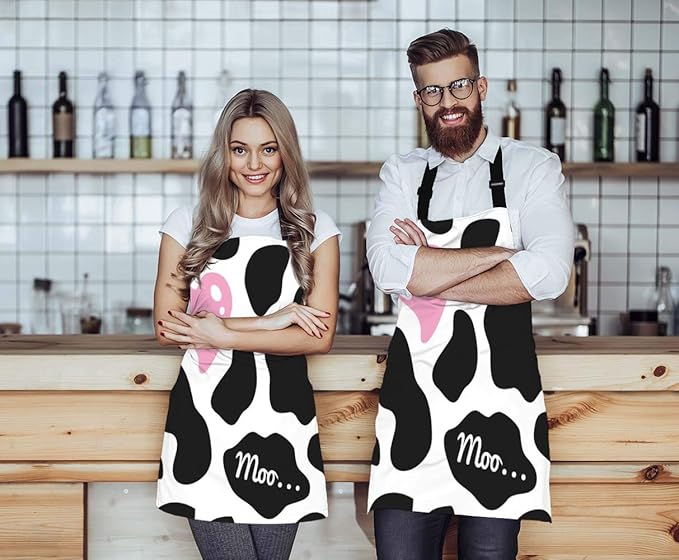 WONDERTIFY Heart Apron,Pink Heart on The Black and White Cow Skin Pattern Background Bib Apron with Adjustable Neck for Men Women,Suitable for Home Kitchen Cooking Waitress Chef Grill Bistro Apron