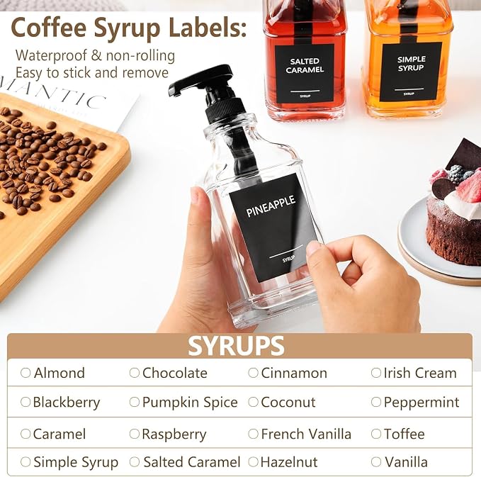 3 Pack 16.9oz (500ml) Glass Coffee Syrup Dispenser with Pump, Syrup Pump Dispenser for Coffee Bar, Coffee Syrup Bottles with Labels - Image 4