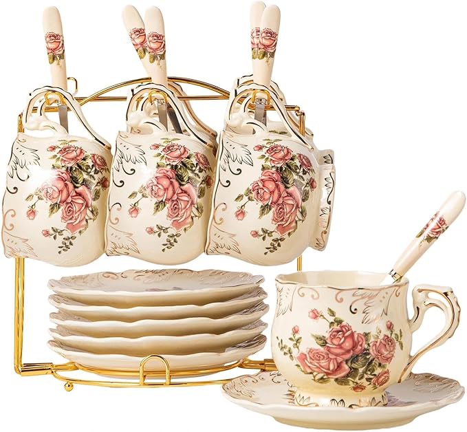 YOLIFE 8 OZ Pink Rose Tea Cups and Saucers Set of 6, Ivory Vintage Floral Porcelain Teacups Set, Coffee Cups with Golden Rack