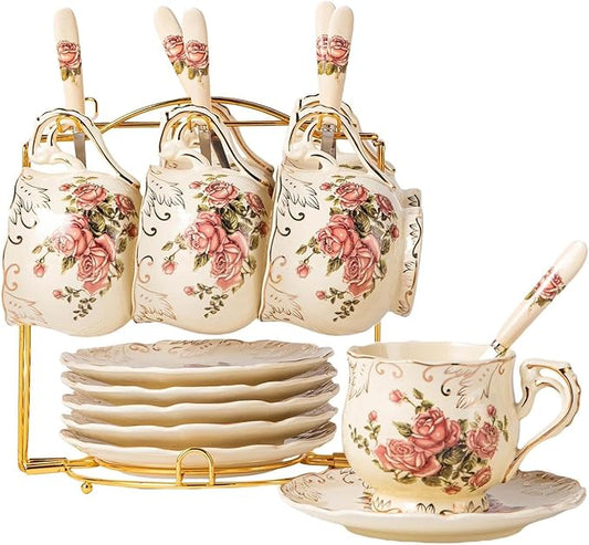 YOLIFE 8 OZ Pink Rose Tea Cups and Saucers Set of 6, Ivory Vintage Floral Porcelain Teacups Set, Coffee Cups with Golden Rack