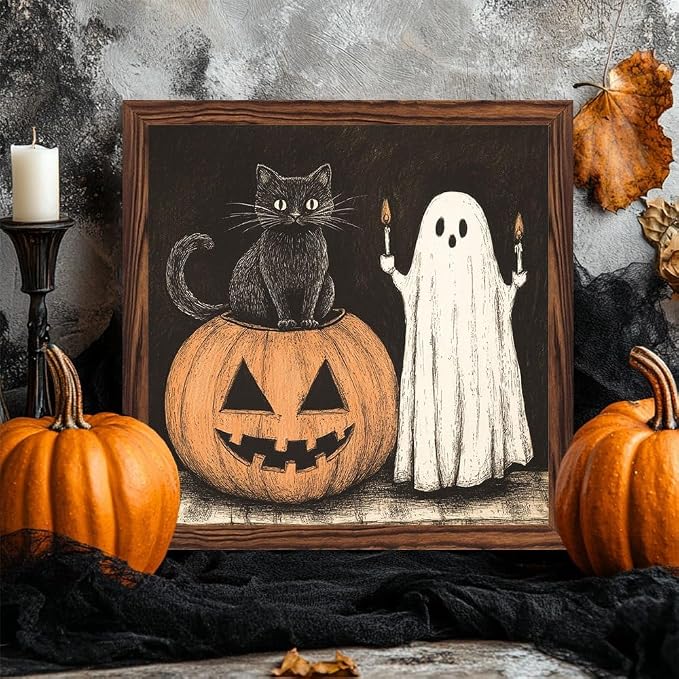 Halloween Decorative Sign Black Cat, Ghost, Pumpkin Wooden Sign, With Frame Farmhouse Festival Plaque Sign for Home Office, Cafe, Bathroom Halloween Decor 7.87x7.87 Inch - Image 2