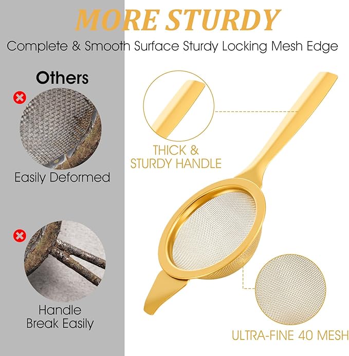 2.2" Mini Matcha Sifter Set, 30 Fine Mesh Matcha Strainer with Handle and Base, Stainless Steel Small Tea Strainer for Loose Tea Coffee Cocktail(Gold)