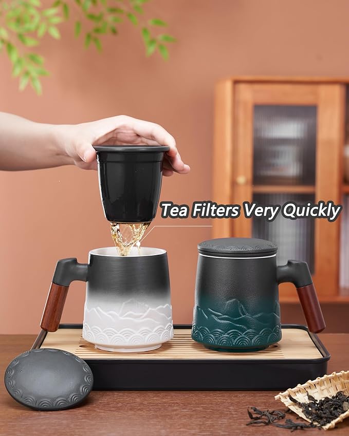 ZENS Tea Mug with Infuser and Lid for Loose Leaf Tea Steeper, 16.9oz Embossed Ceramic Tea Cup with Fine Strainers, Wood Handle Large Diffusers Mugs for Tea Lovers Gifts