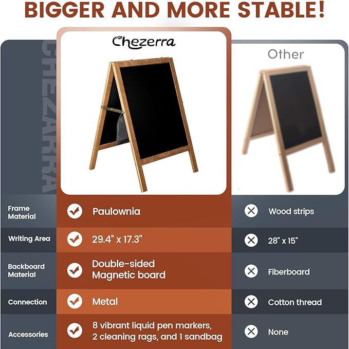 Chezerra A Frame Chalkboard Sign, 40"x20" Extra Large Sidewalk Chalk Board, Wooden Standing ChalkBoards Set with Markers, Double-Sided Magnetic Blackboard for Cafés, Weddings, Party Guide, Brown