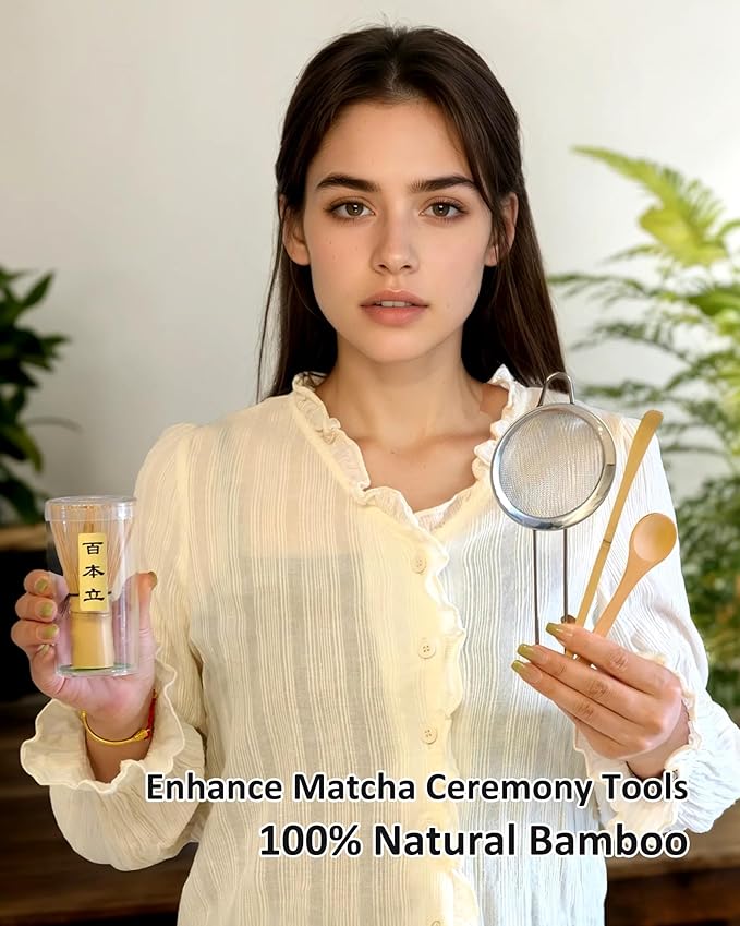 Matcha Whisk Set, 4 Piece Matcha Making Kit Includes Bamboo Whisk (Chasen), Spoon (Chashaku), Stainless Steel Sifter, Teaspoon, Traditional Handmade Matcha Starter Kit 100% Natural Bamboo