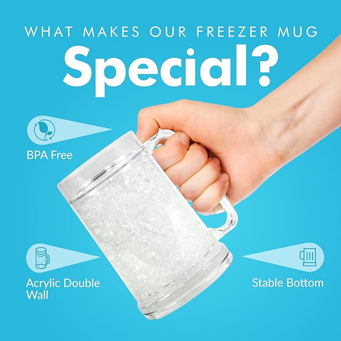 Simply Green Solutions - Clear Mug, Frozen Mugs for Freezer, Double Walled Beer Mug, Freeze Cups for Drinks, Insulated Plastic Mugs with Handles, 16 Oz Capacity
