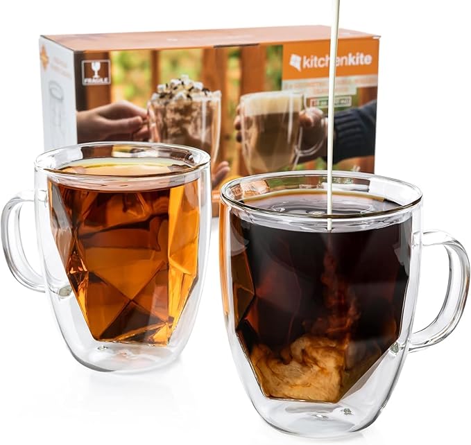 Double Walled Glass Coffee Mugs - Set of 2-12 oz Insulated Coffee Mugs - Geometric Modern Novelty Design Clear Glass Coffee Mugs ideal for Latte & Cappuccino