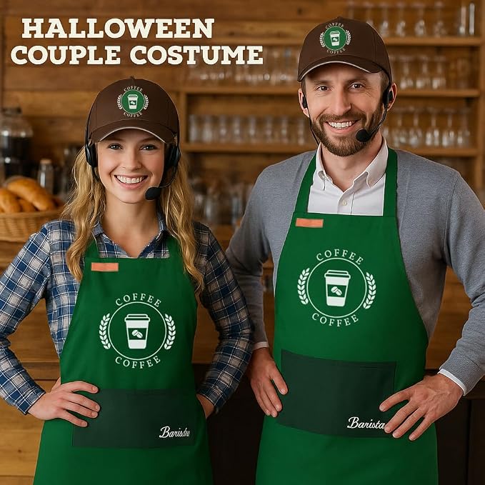 Halloween Barista Costume for Couples Cosplay, Duo Costumes for Best Friend | Simple Couples Halloween Costumes with Green Apron and Cap for Adult, Coffee Maker Outfit - Image 3