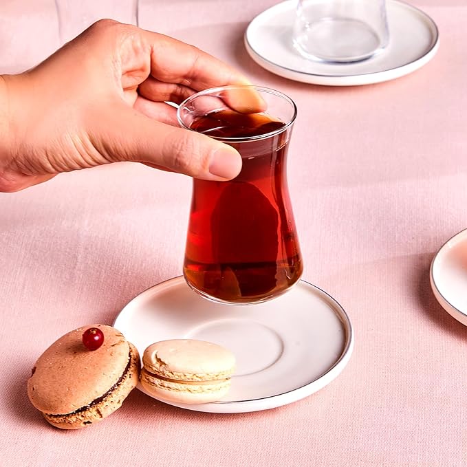 KARACA Streamline Saturn 12-Piece Turkish Tea Cups for 6 People, 5.75 fl oz Turkish Tea Glasses Set, Durable Glass with Platin Detailing & White Color Saucers