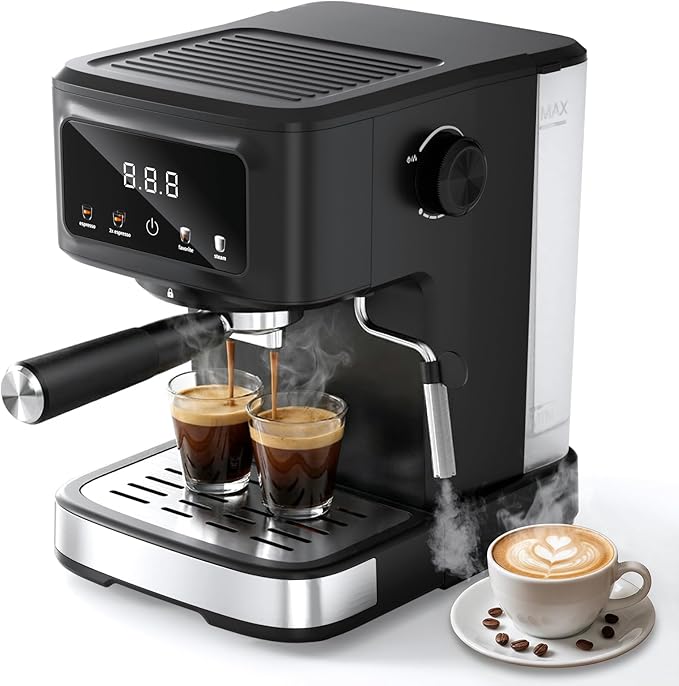 Espresso Machine with Milk Frother, Compact Coffee Maker for Home, Cappuccino & Latte, 15 Bar Pump, Dual Stainless Steel Filters, LED Touch Screen, Removable Water Tank & Drip Tray