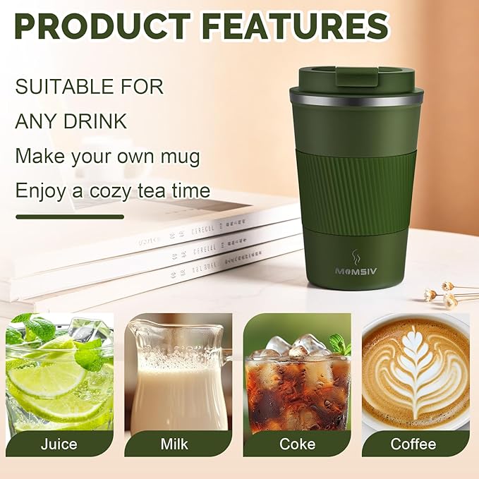 MOMSIV 12oz Travel Mug, Insulated Coffee Cup with Leakproof Lid, Vacuum Stainless Steel Double Walled Reusable Tumbler for Hot and Cold Water Coffee and Tea In Travel and Car Armygreen 380ML