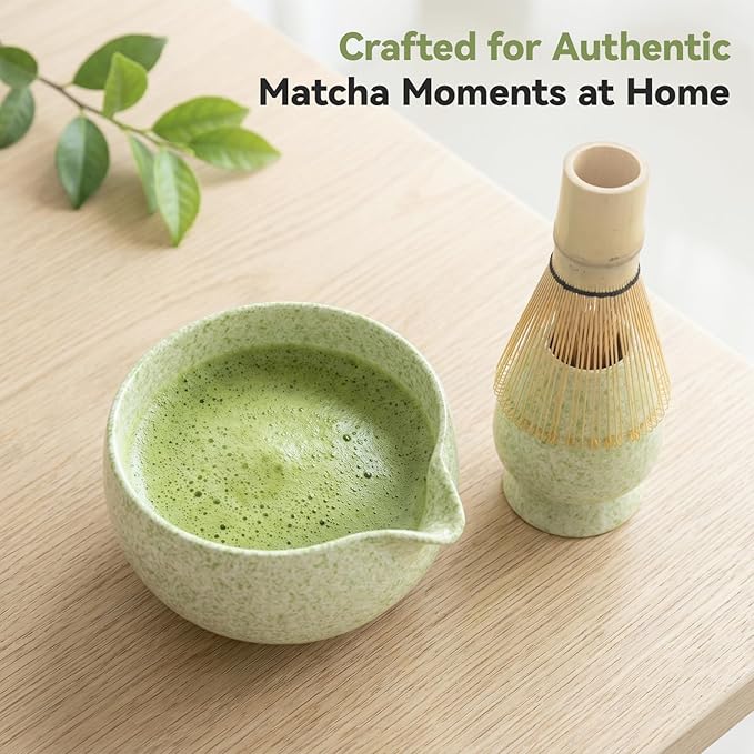 Matcha Whisk Set- 7 Piece Complete Japanes Matcha Set with Ceramic Matcha Bowl (Chawan), Bamboo Whisk (Chasen), Sifter, Whisk Holder, Macha Scoop(Chashaku) & Accessories - Green