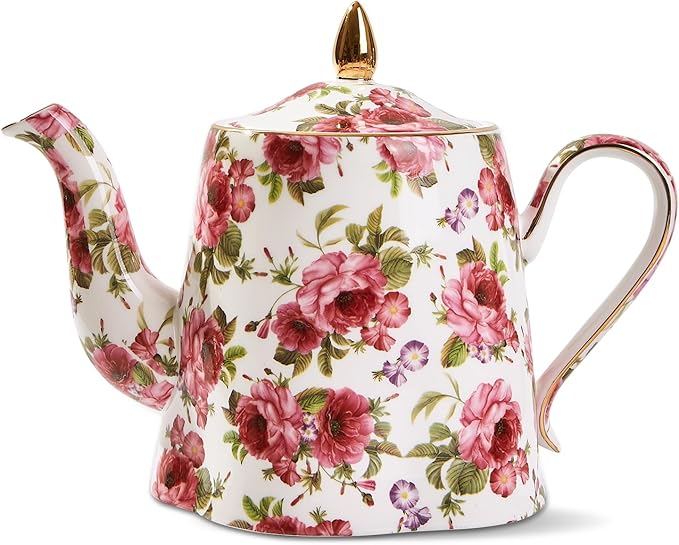 Floral Tea Pot, 30 OZ Ceramic Vintage Teapots, Porcelain Cute Tea Pot with Pink Roses and Gold Trim, Decorative Teapot for Tea Party, Housewarming, Christmas, Thanksgiving Gifts
