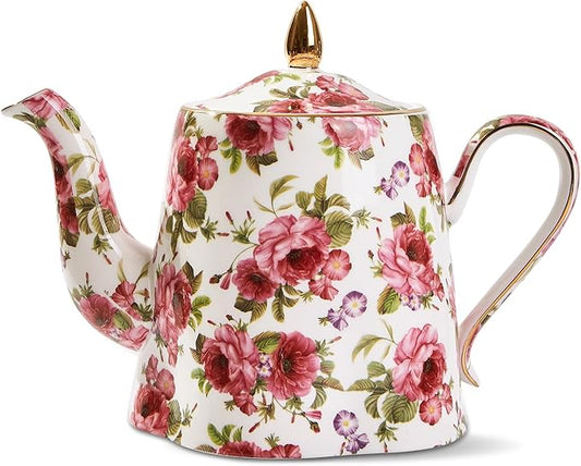 Floral Tea Pot, 30 OZ Ceramic Vintage Teapots, Porcelain Cute Tea Pot with Pink Roses and Gold Trim, Decorative Teapot for Tea Party, Housewarming, Christmas, Thanksgiving Gifts