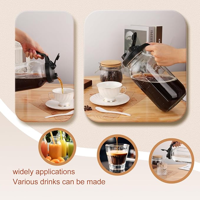 Cold Brew Coffee Maker, 2 Packs 64oz Mason Jar Pitcher with Durabel Glass & Stainless Steel Mesh Filter, Leak-Proof Glass Pither with Pour Spout Lid