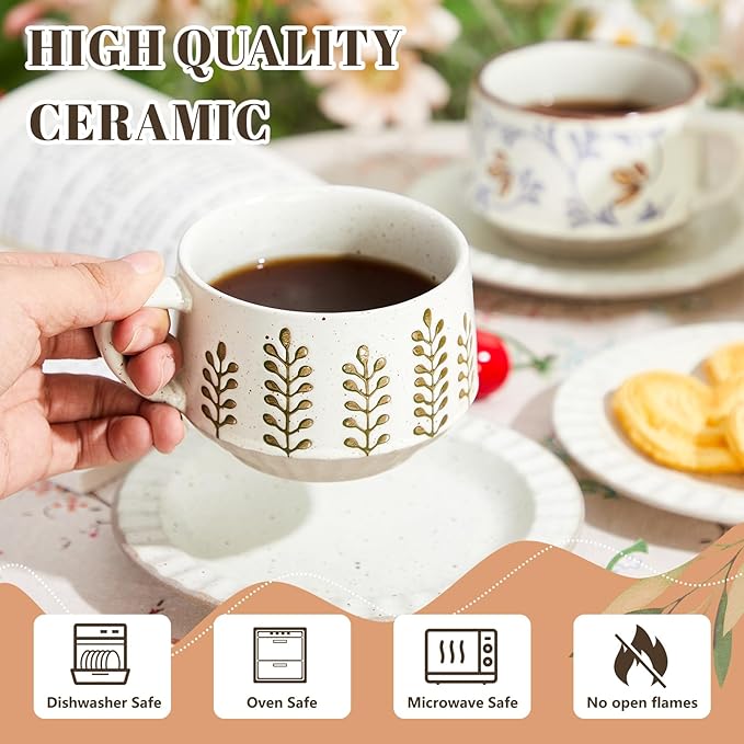 LemonRoad 2 Sets Vintage Tea Cup and Saucer Set Floral Tea Cup with Saucer 10oz Porcelain Vintage Coffee Mugs for Spring Party Birthday Gift Coffee (Leaves and Tang Grass Design)