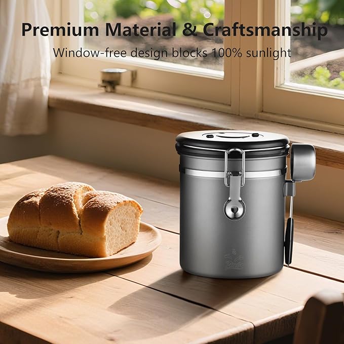 Bincoo Premium Grey Coffee Canister, 1500ml/18oz Large Airtight Stainless Steel Coffee Bean Storage Container with Date Tracker & Scoop (1500ML-Grey)