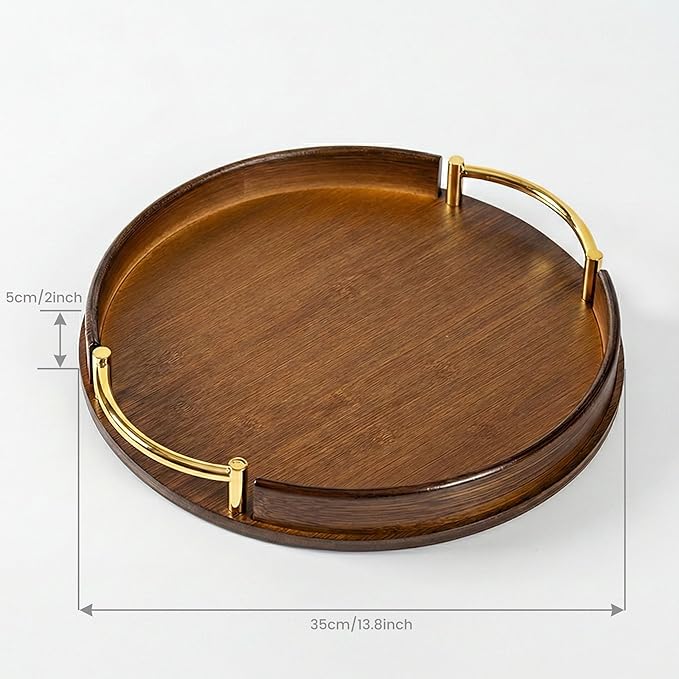 12″ Round Bamboo Serving Tray with Handles, Dark Brown Wooden Tray for Coffee Table, Ottoman & Kitchen – Decorative Tray for Drinks, Snacks, Home Decor & Gifts