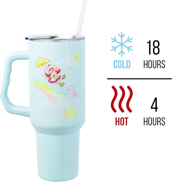 Silver Buffalo Strawberry Shortcake and Custard Double Walled Stainless Steel Tumbler with Handle, Fits in Standard Cup Holder, 40 Ounces
