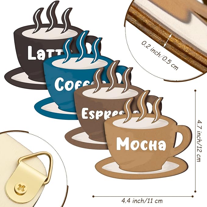 Blulu 4 Pieces Coffee Wooden Wall Art Decor Wooden Coffee Cup Signs Espresso, Latte, Mocha - Rustic Farmhouse and Vintage Cafe Wall Decor