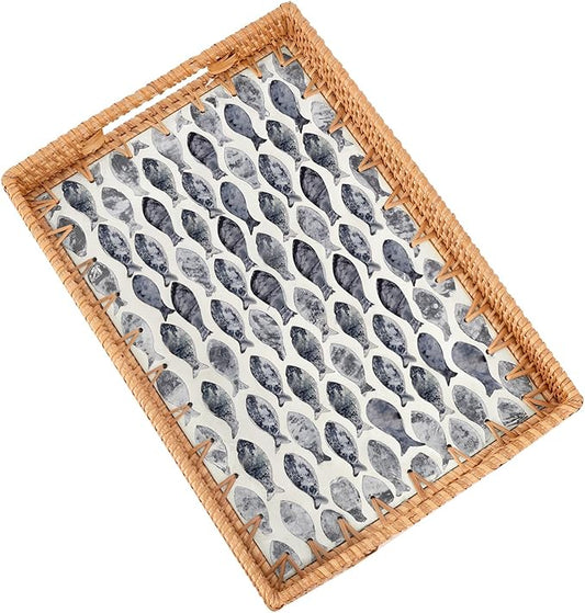 Rectangle Rattan Tray with Mother of Pearl Inlay, Rattan Serving Tray with Handle for Coffee, Bread, Fruits, Snacks, Decorative Wicker Tray for Table Decor (Rectangle Dark Blue Fish, 13"×9")