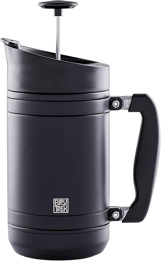 BruTrek® by Planetary Design BaseCamp Coffee Press - Double Wall Insulated Stainless Steel - Bru-Stop Technology, No Grounds in Coffee, No Spill Lid (Obsidian, 32 fl.oz)