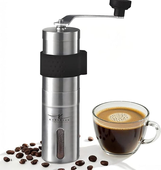 Manual Coffee Grinder - 18 Adjustable Settings, Stainless Steel Conical Burr Coffee Bean Grinder, Portable, Durable & Travel Friendly - With Silicone Sleeve by KOKOBEAN