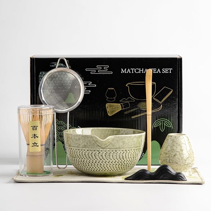 matcha whisk set Ceremony Accessory, Matcha Whisk, Traditional Scoop (Chashaku), Tea Spoon, Whisk Holder, 1 tea bowl, 1 tea siev, 7pcs matcha set.matcha green matcha kit